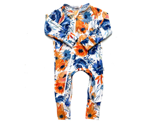 Double Zipper Bamboo Baby Sleeper | Navy Orange Floral - One Kind Clothing, LLC