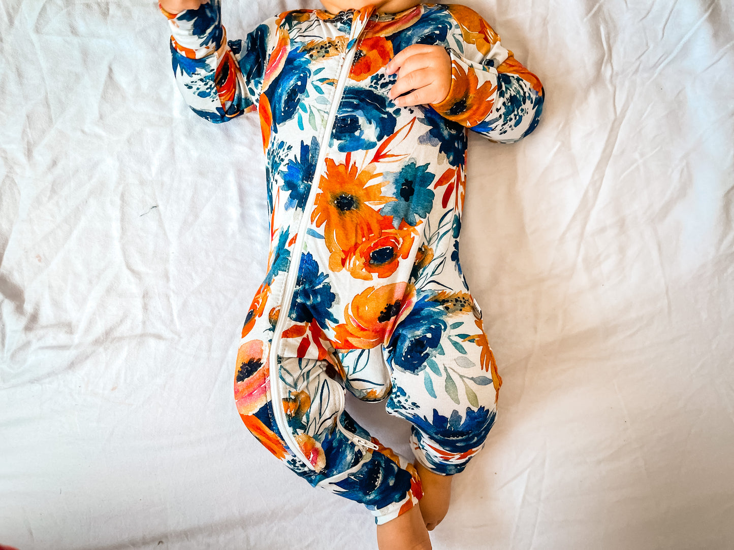 Double Zipper Bamboo Baby Sleeper | Navy Orange Floral - One Kind Clothing, LLC